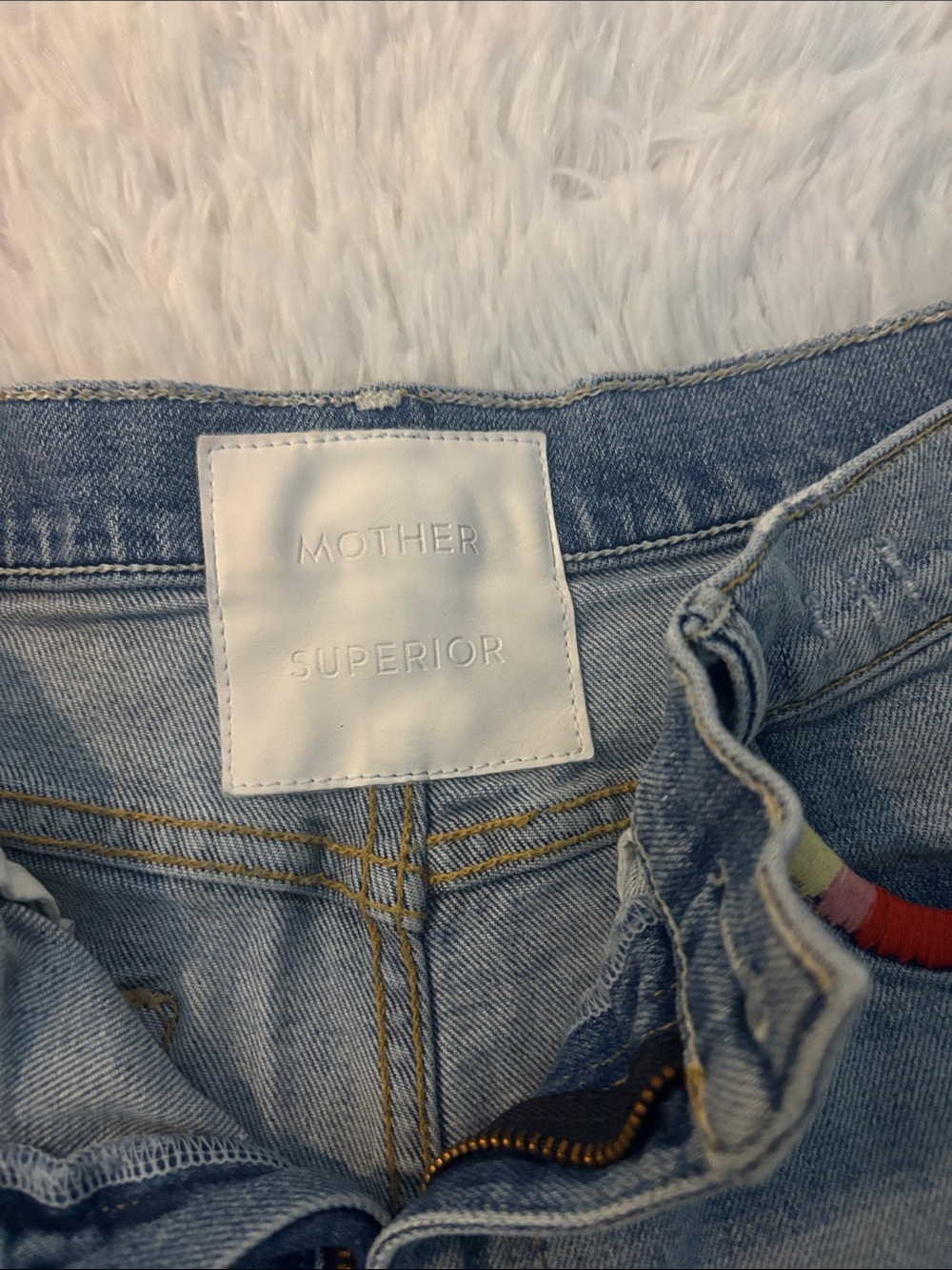 MOTHER Light Blue Denim Cutoff Shorts with Colorful Pocket Embroidery - Picture 2 of 13
